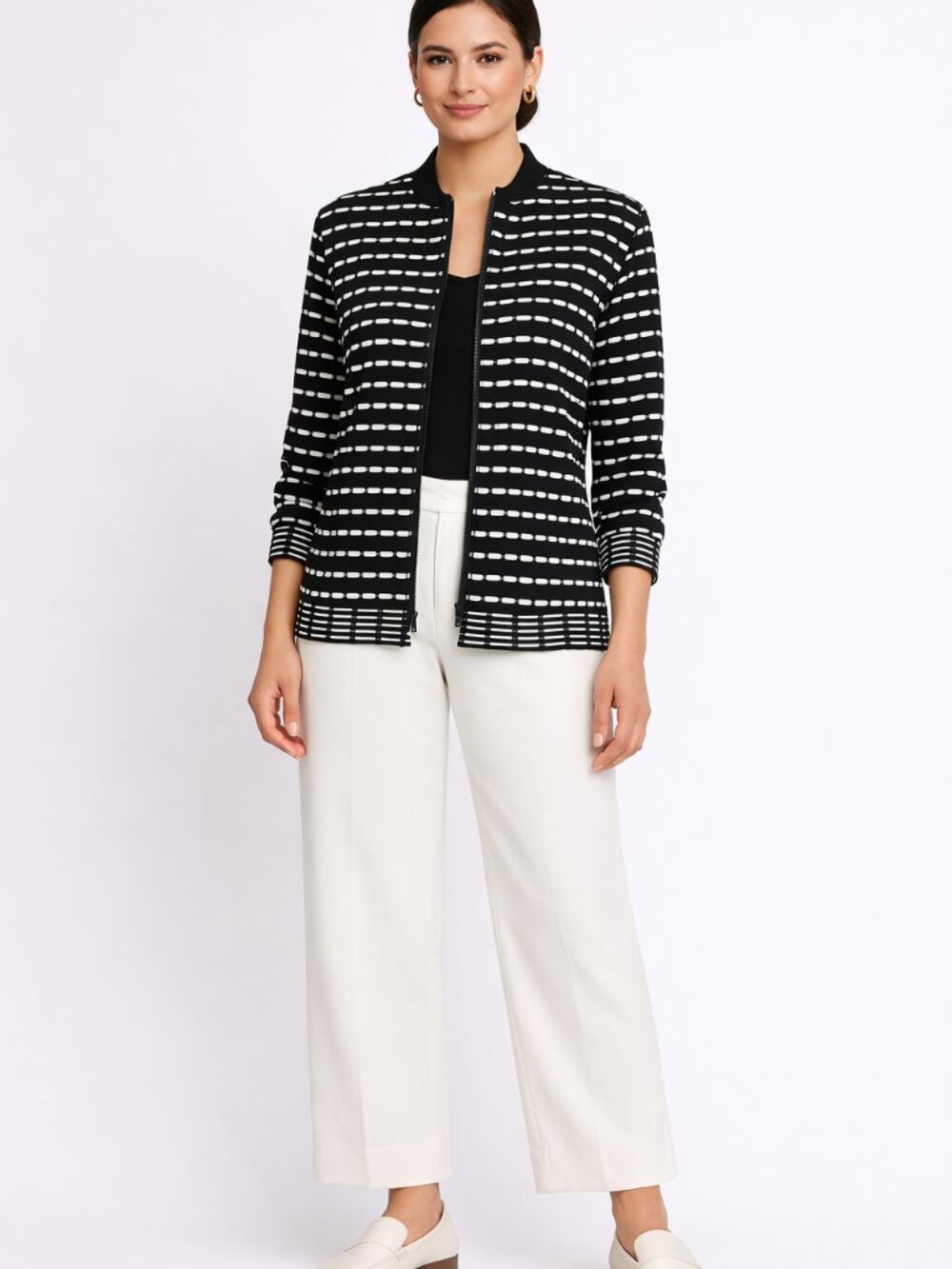 Chico’s Traveler Black&White Zip Front Long Sleeve Lightweight Jacket Size M